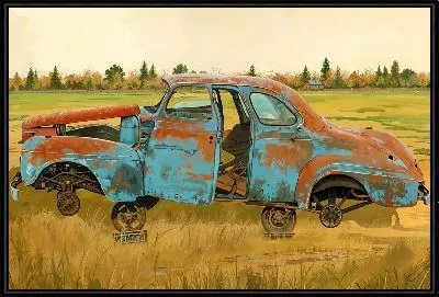 Картина Старый ржавый автомобиль в поле