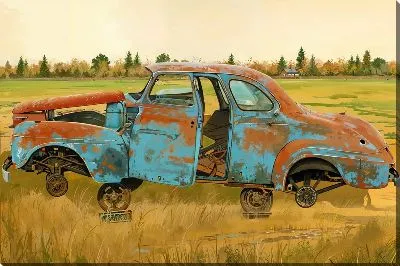 Картина маслом Старый ржавый автомобиль в поле