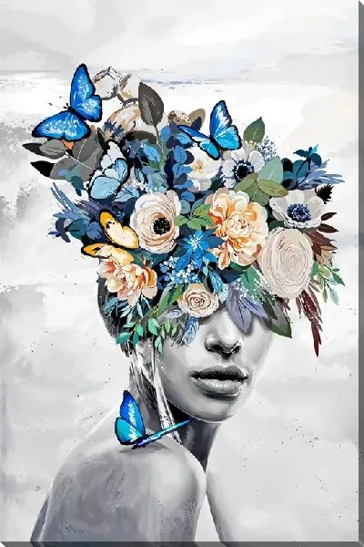 Картина маслом Девушка с цветами и синими бабочками
