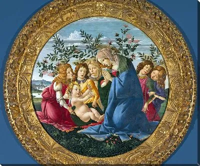 Картина Мадонна, поклоняющаяся младенцу с пятью ангелами на синем фоне