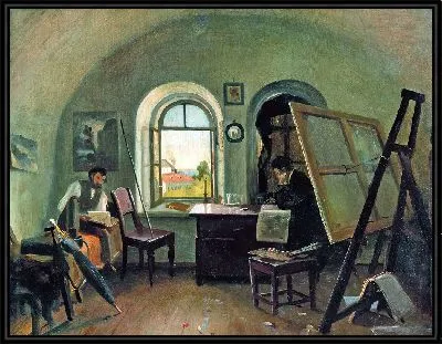 И. И. Шишкин и А. В. Джин в мастерской на острове Валаам