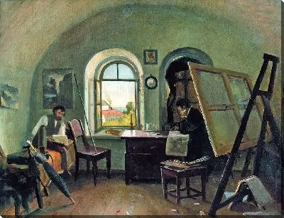 Картина И. И. Шишкин и А. В. Джин в мастерской на острове Валаам