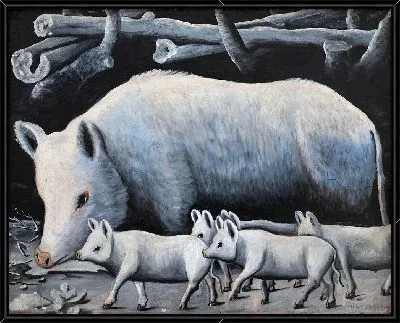 Белая свинья с поросятами