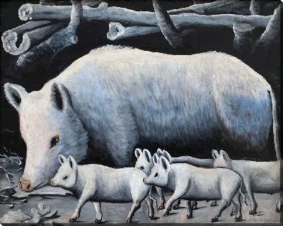 Белая свинья с поросятами