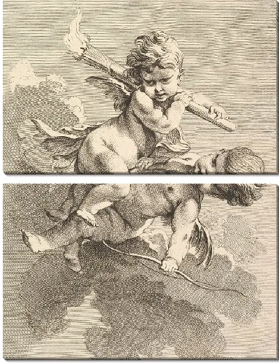 Картина Два Купидона, один с факелом, другой с луком.