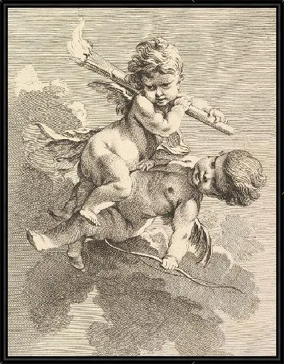 Картина Два Купидона, один с факелом, другой с луком.