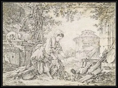 Картина Сельская сцена или маленькая девочка, травящая цыплят