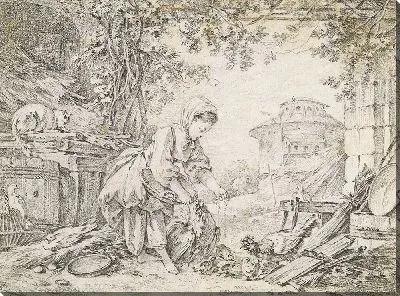 Картина Сельская сцена или маленькая девочка, травящая цыплят