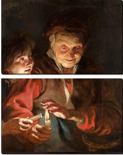 Картина Мальчик зажигает свечу, которую держит старуха