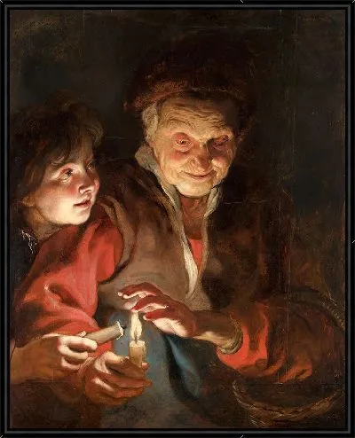 Картина Мальчик зажигает свечу, которую держит старуха