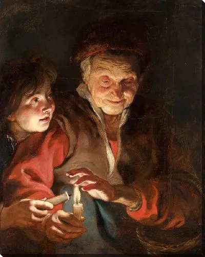 Картина Мальчик зажигает свечу, которую держит старуха