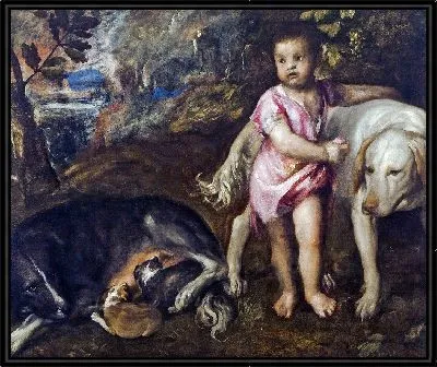 Картина Мальчик с собаками в пейзаже