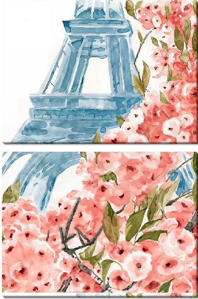 Модульная картина Цветущий куст на фоне Эйфелевой башни в Париже