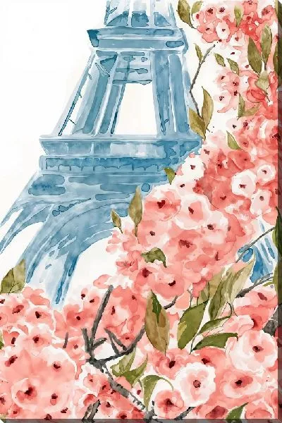 Картина маслом Цветущий куст на фоне Эйфелевой башни в Париже