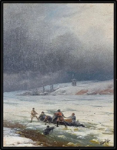 Картина Вытаскивание лошади и телеги изо льда (1876)