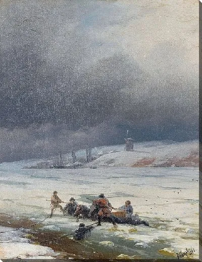 Картина Вытаскивание лошади и телеги изо льда (1876)