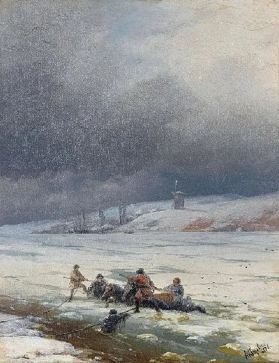 Картина Вытаскивание лошади и телеги изо льда (1876)