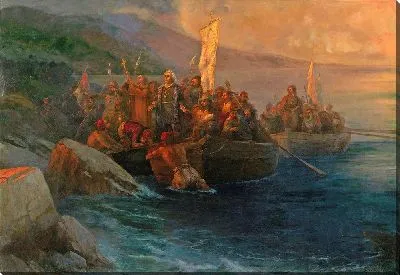 Картина Высадка Христофора Колумба со спутниками на трех катерах в пятницу 12 октября 1492 года на рассвете на острове, названном в Сан-Сальвадоре в тот же день (1892 г.)