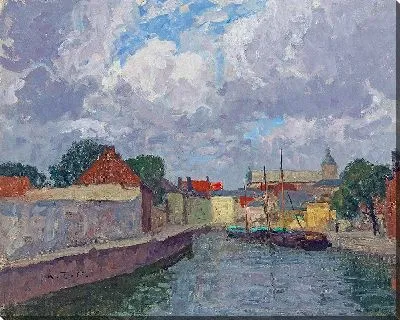 Картина Канал с лодками перед городом