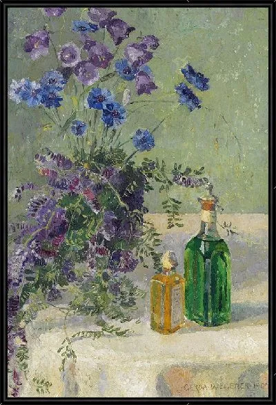 Картина Натюрморт с голубыми цветами и двумя бутылками на столе (1907 г.)