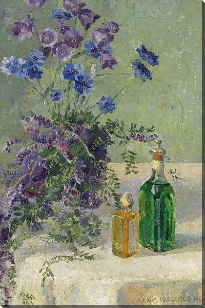 Картина Натюрморт с голубыми цветами и двумя бутылками на столе (1907 г.)