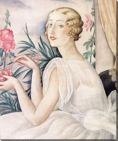 Картина Квинде в белом платье сидит на подоконнике