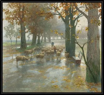 Стадо овец с пастушкой в ​​дождливый день