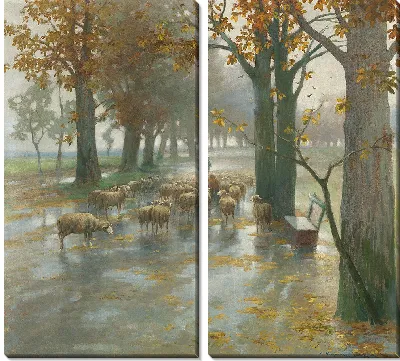 Стадо овец с пастушкой в ​​дождливый день