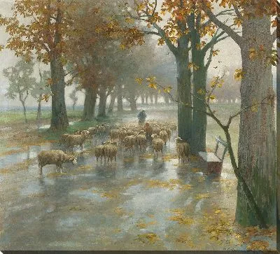 Стадо овец с пастушкой в ​​дождливый день