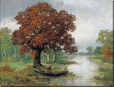 Картина Речной пейзаж с рыбаком осенью