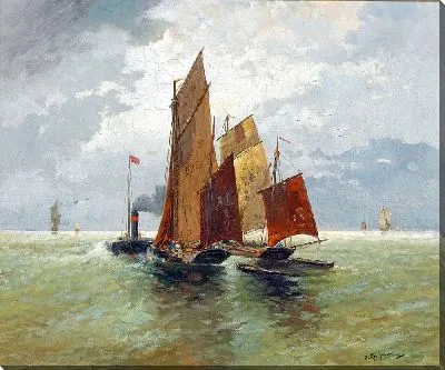 Картина Пароход и рыбацкие лодки в море