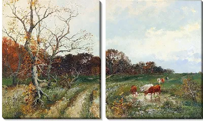 Летний пейзаж с пасущимися коровами