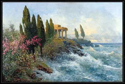 Средиземноморский пейзаж с древним храмом