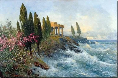 Средиземноморский пейзаж с древним храмом