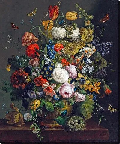 Картина Тюльпаны, нарциссы, розы и другие цветы в вазе на каменном выступе с бабочками и птичьим гнездом.