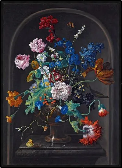 Картина Натюрморт с розами, тюльпанами, анемонами, колокольчиками и другими цветами в вазе в каменной нише (1796)