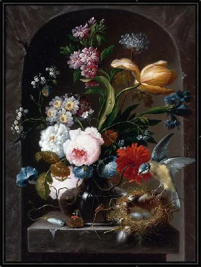 Картина Натюрморт с розами, ипомеей, первоцветами, тюльпаном и другими цветами в стеклянной вазе с птицей и птичьим гнездом (1789)