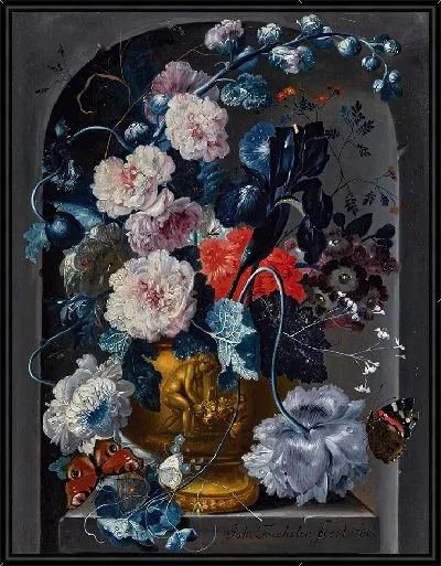 Картина Натюрморт с гвоздиками, розами, мальвами и другими цветами в скульптурной бронзовой урне с бабочками в нише (1786 г.)