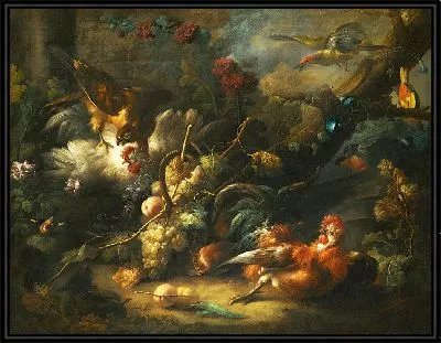 Натюрморт в лесу с птицей, на который напал ястреб