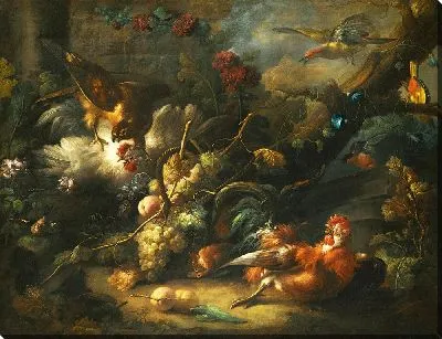 Картина Натюрморт в лесу с птицей, на который напал ястреб