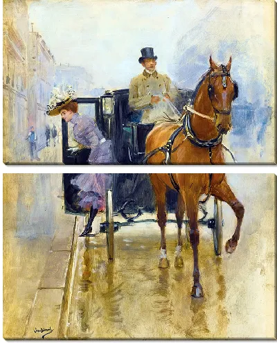 Картина Молодая женщина выходит из такси