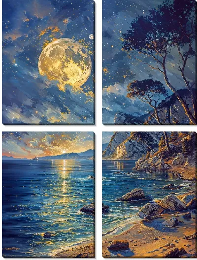 Модульная картина Вечерняя Луна над побережьем