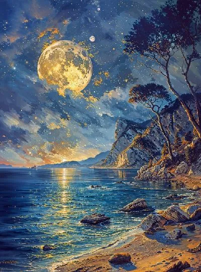 Плакат Вечерняя Луна над побережьем