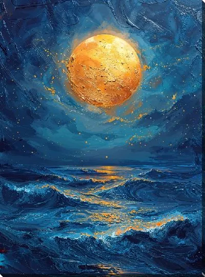 Картина маслом Яркое Солнце и волны на море