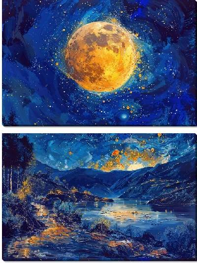 Модульная картина Желтая Луна арт композиция