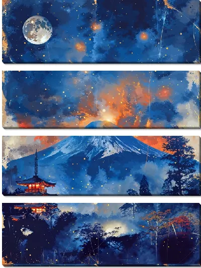 Модульная картина Луна на фоне Фудзиямы