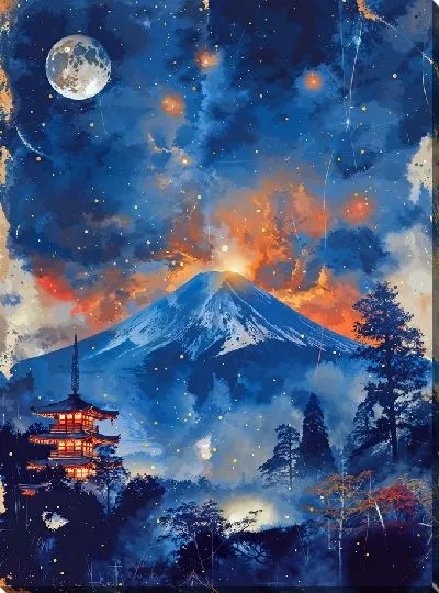 Постер Луна на фоне Фудзиямы
