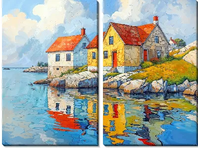 Модульная картина Яркие домики у реки