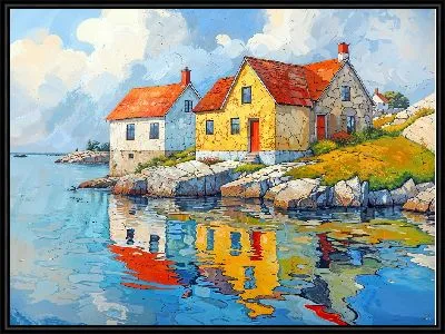 Картина Яркие домики у реки