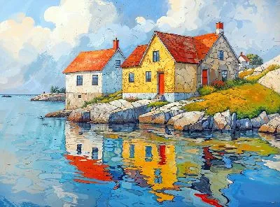 Плакат Яркие домики у реки